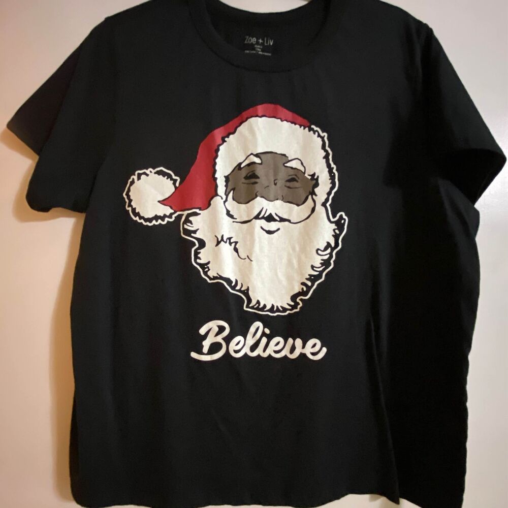 Zoe + Liv Santa Believe Christmas Black Crewneck Tee Shirt Women’s Size XL